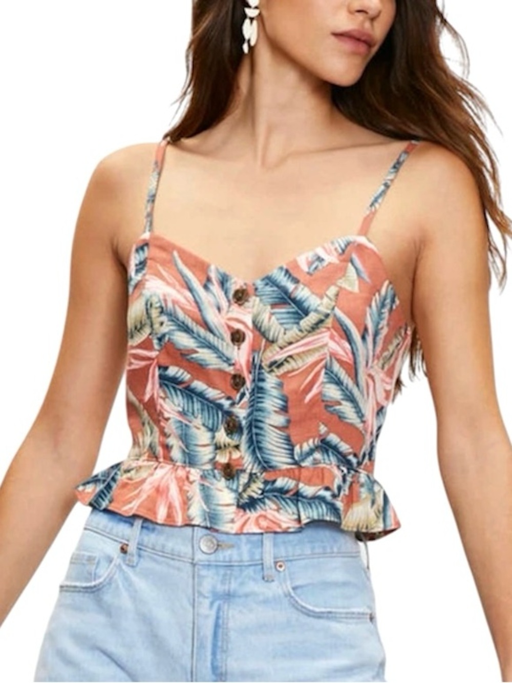 LOFT Tropical Leaf Print Cropped Tank Top 
Linen Blend Peplum Cami Vacation